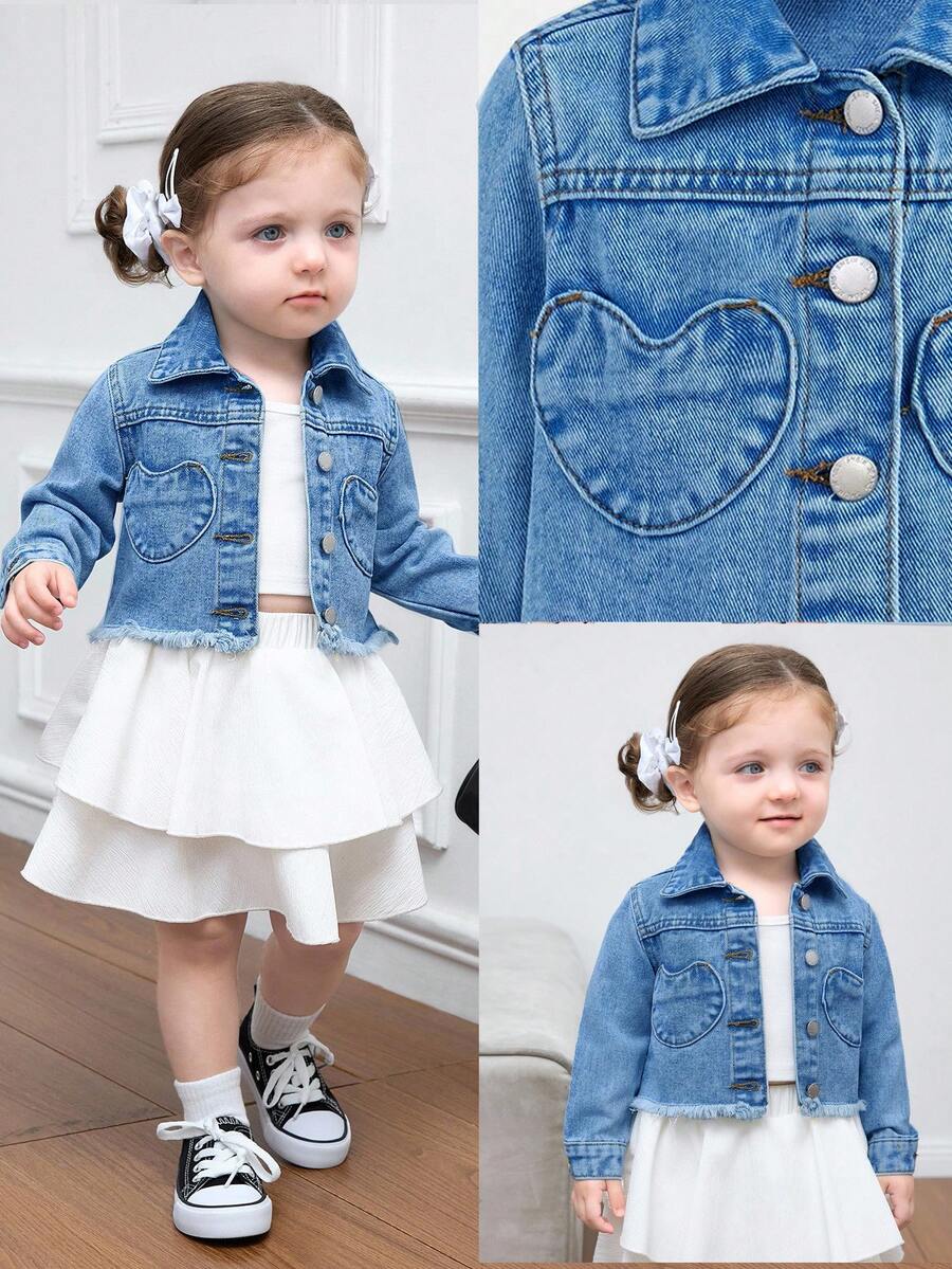 SHEIN 女婴可爱白色牛仔心形口袋翻领长袖短外套，秋季休闲舒适，适合宝宝派对穿着 - 中等水洗藍 - 查看 1