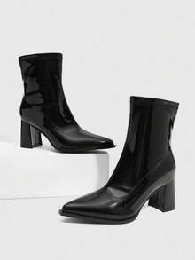 CUCCOO SZL 尖头侧拉链亮面 PU 材质黑色性感派对中跟及小腿靴，女式，冬季 - 黑色 - 查看 5