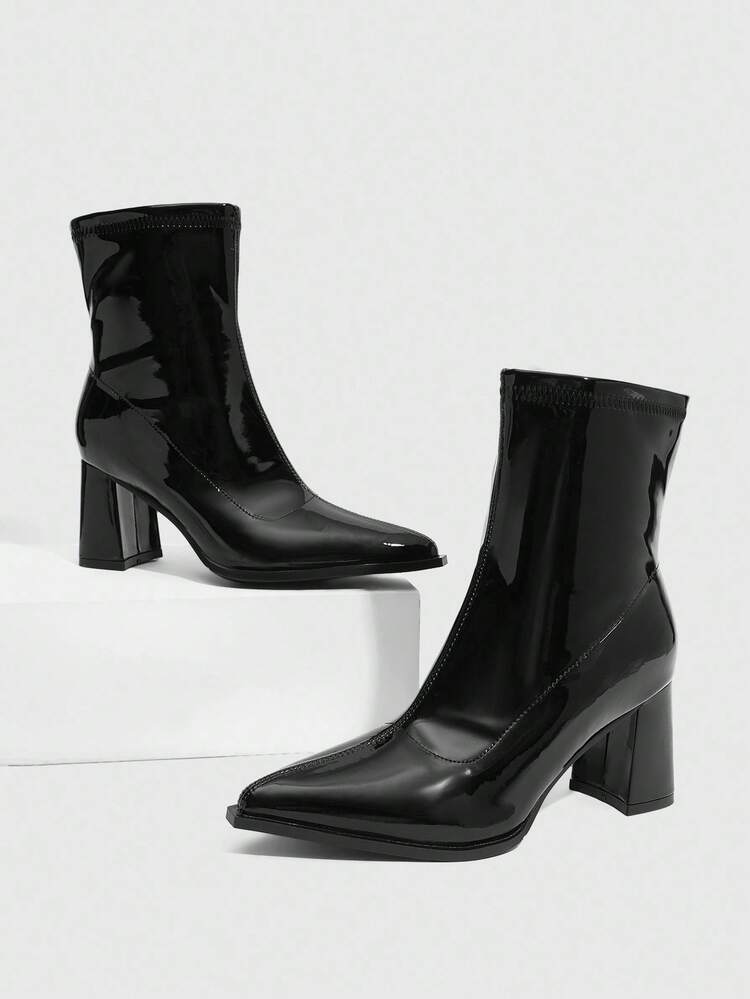 CUCCOO SZL Pointed Toe Side Zipper Glossy PU Black Sexy Party Mid Heel Mid-Calf Boots For Women, Winter