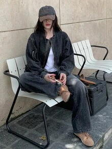 DAZY 女式休闲水洗街头风格牛仔夹克和宽松牛仔裤套装