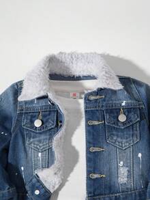 SHEIN 男婴牛仔裤，开学季秋冬新品，休闲可爱，做旧处理，修身剪裁，日常休闲时尚，中蓝色牛仔布，男婴牛仔夹克 - 中等水洗藍 - 查看 4