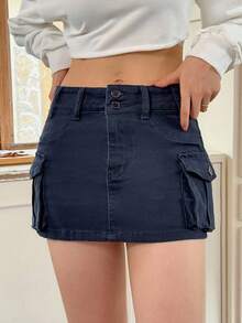 Rivivi 性感低腰修身迷你牛仔裙，夏季 - 寶藍色 - 查看 7