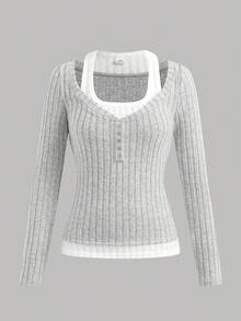 SHEIN Girlism 少女拼色拼接二合一设计 T 恤，修身廓形，休闲风格灰色长袖多层衬衫，冬季、Y2K、街头服饰 - 淺灰色 - 查看 5