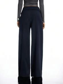 LYSMO 藏蓝色梭织翻折腰带休闲办公裤，女士藏蓝色褶裥裤，秋冬女装 - 藏蓝色 - 查看 2