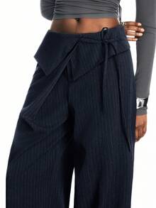 LYSMO 藏蓝色梭织翻折腰带休闲办公裤，女士藏蓝色褶裥裤，秋冬女装 - 藏蓝色 - 查看 5