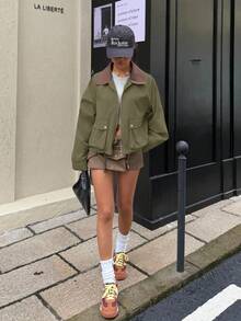 Muchica Khaki Oversized Pocket Turndown Collar Short Jacket, Autumn New Arrival - Army Green - View 6