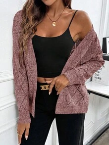 EMERY ROSE Casual Comfortable Hollow Diamond Pattern Cardigan For Women - Red - View 3