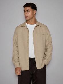 Musero 长袖基础款修身纽扣衬衫，前开衩口袋设计，时尚百搭/冬季 - 灰色 - 查看 1