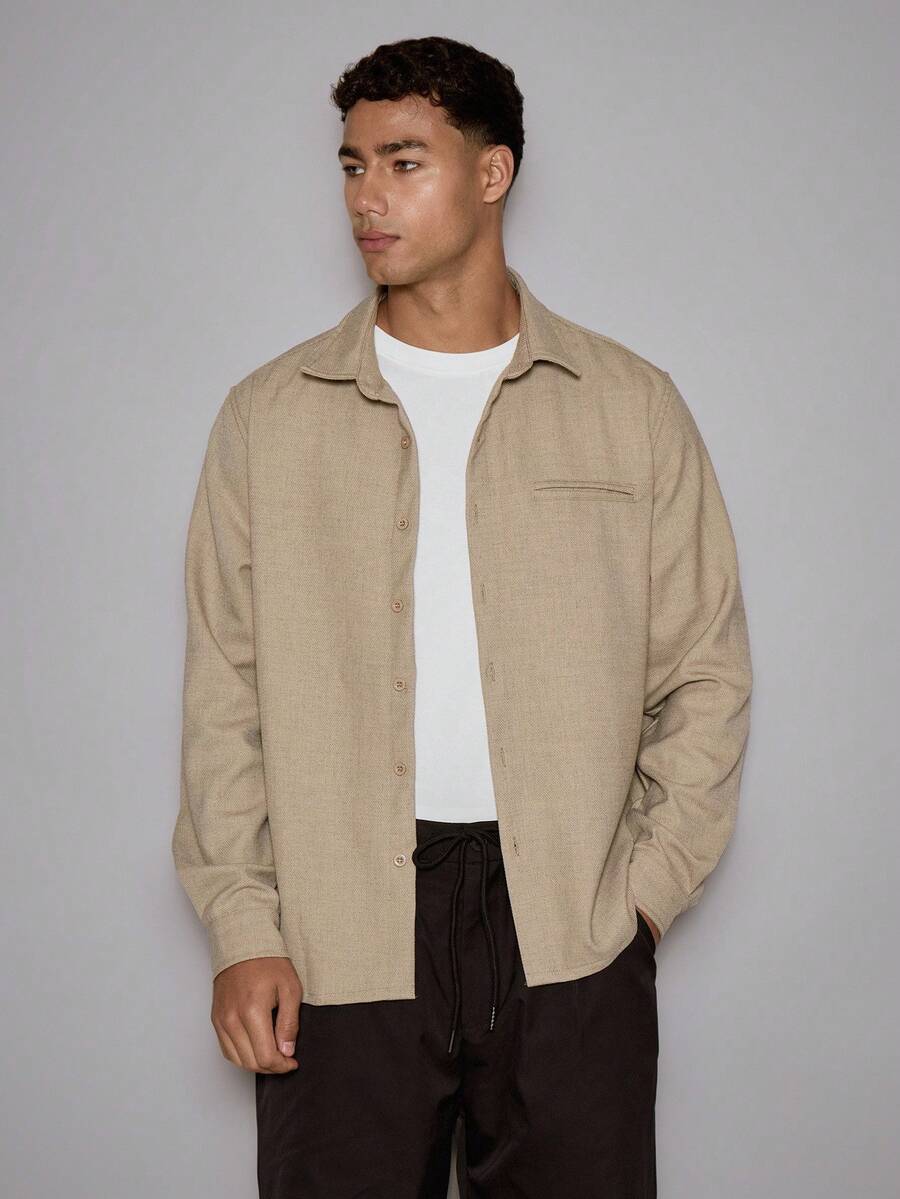 Musero 长袖基础款修身纽扣衬衫，前开衩口袋设计，时尚百搭/冬季 - 灰色 - 查看 1