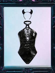 Fantasy Costume Set de 2 piezas de bodystocking sexy con cuello halter, tirantes de liguero y diadema para mujeres - Negro - Ver 6