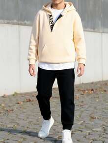 Tween Boys Casual Versatile Letter Print Oblique Placket Hoodie With Black Pants 2 Pieces Set, Suitable For Autumn/Winter Casual, Outdoor, School, Party, Teen Boys Hoodie And Sweatpants Set, 2 Piece Teen Boys Hoodie And Sweatpants Fall