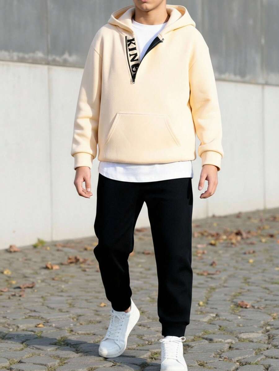 Tween Boys Casual Versatile Letter Print Oblique Placket Hoodie With Black Pants 2 Pieces Set, Suitable For Autumn/Winter Casual, Outdoor, School, Party, Teen Boys Hoodie And Sweatpants Set, 2 Piece Teen Boys Hoodie And Sweatpants Fall