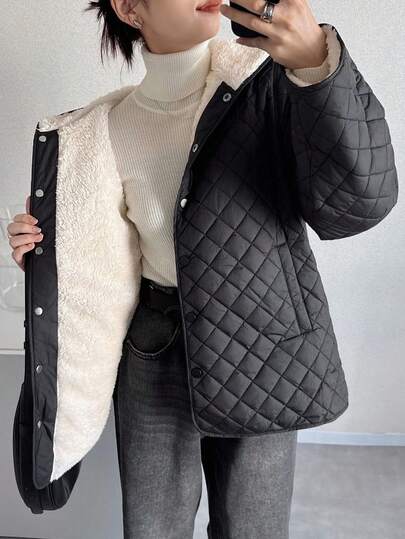 FRIFUL Abrigo acolchado con capucha de mujer de patchwork de diamante sólido negro con forro de borreguito, chaqueta casual y versátil para otoño