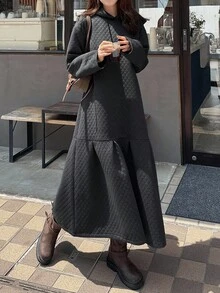 FRIFUL Vestito lungo con cappuccio, manica lunga, con motivo a rombi testurizzato, vestibilità morbida, casual e versatile, adatto per l'autunno - Grigio - Visualizzare 2