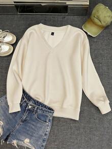SHEIN EZwear 大码女式纯色V领大码宽松休闲运动衫，百搭外出，适合秋冬季 - 杏色 - 查看 3