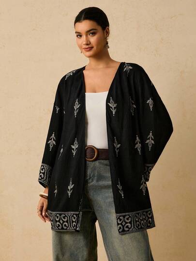Travachic Áo len cardigan dáng rộng họa tiết hình học thường ngày cỡ lớn dành cho nữ, mùa thu