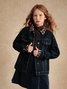 Tween Girl 25 Autumn/Winter New Arrival 2 In 1 Dark Blue Denim Jacket With Leopard Faux Fur Collar, Loose Fit, Vintage Y2K School Style, Casual, Suitable For Daily Outings, School, Commuting, Gatherings, Home, Back To School Season, Holidays