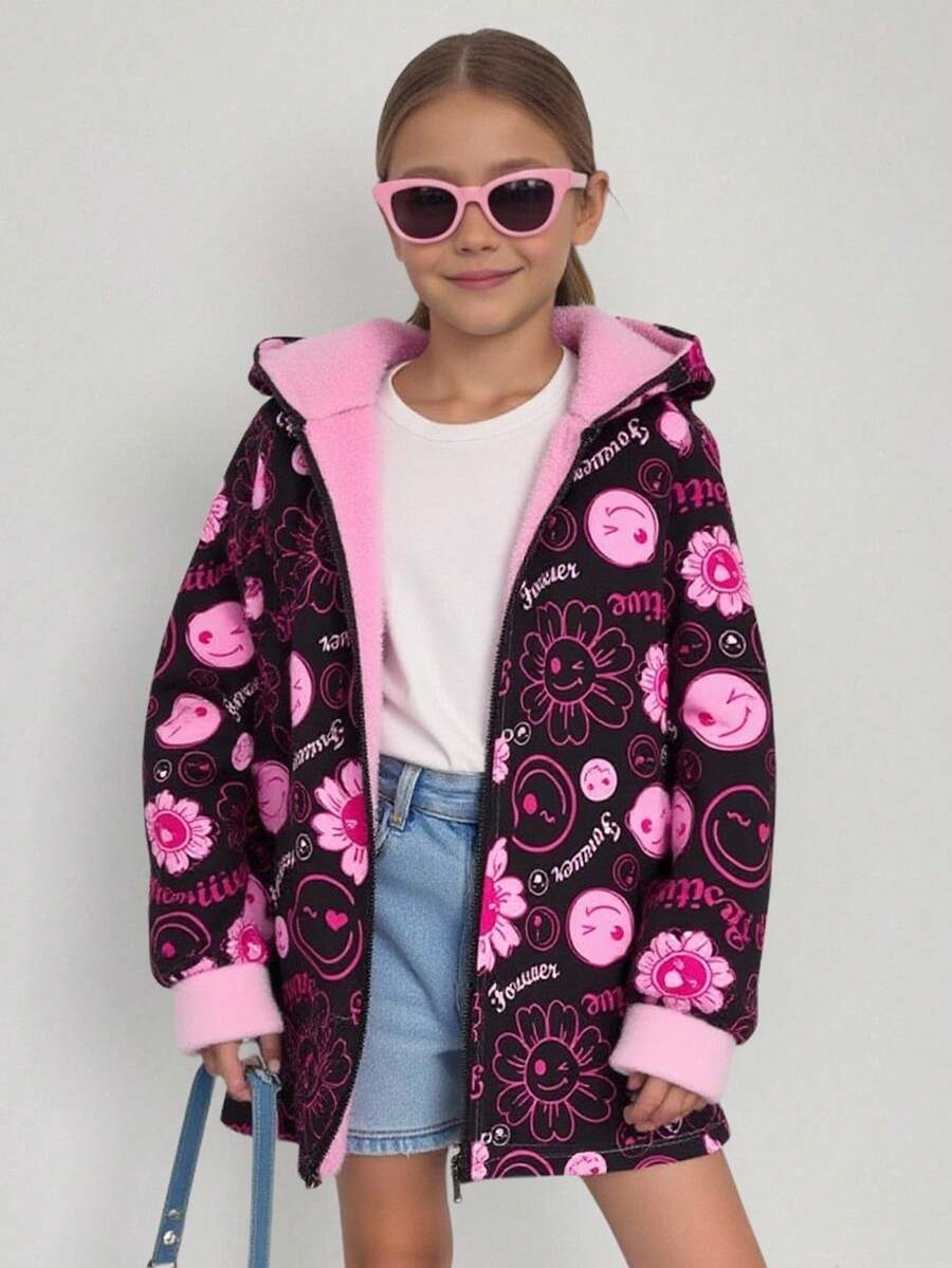 SHEIN 女童休闲舒适秋冬笑脸向日葵图案连帽夹克 - 黑色 - 查看 1