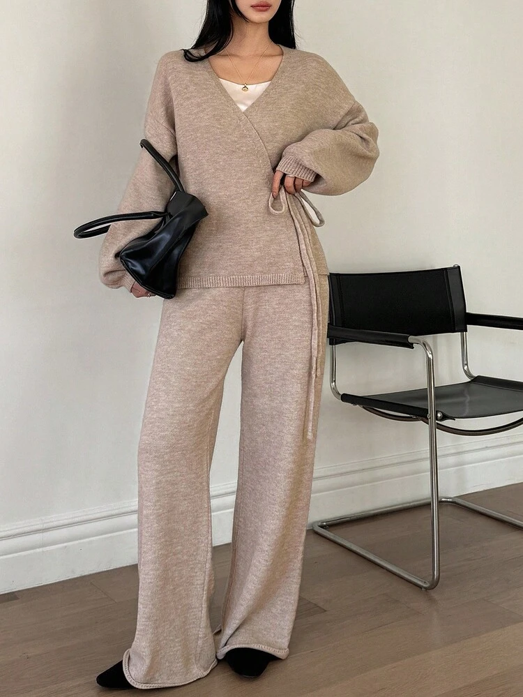 Women's V-Neck Wrap-Style Long Sleeve Loose Knit Sweater And Long Straight Pants Elegant Urban Casual Knit Two Pieces Set