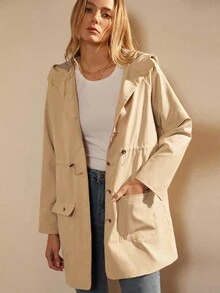 Écloséra Women's Drawstring Waist Slimming Hooded Contrast Plaid Mid-Length Autumn And Winter Button Casual Commuter Jacket - Khaki - View 1