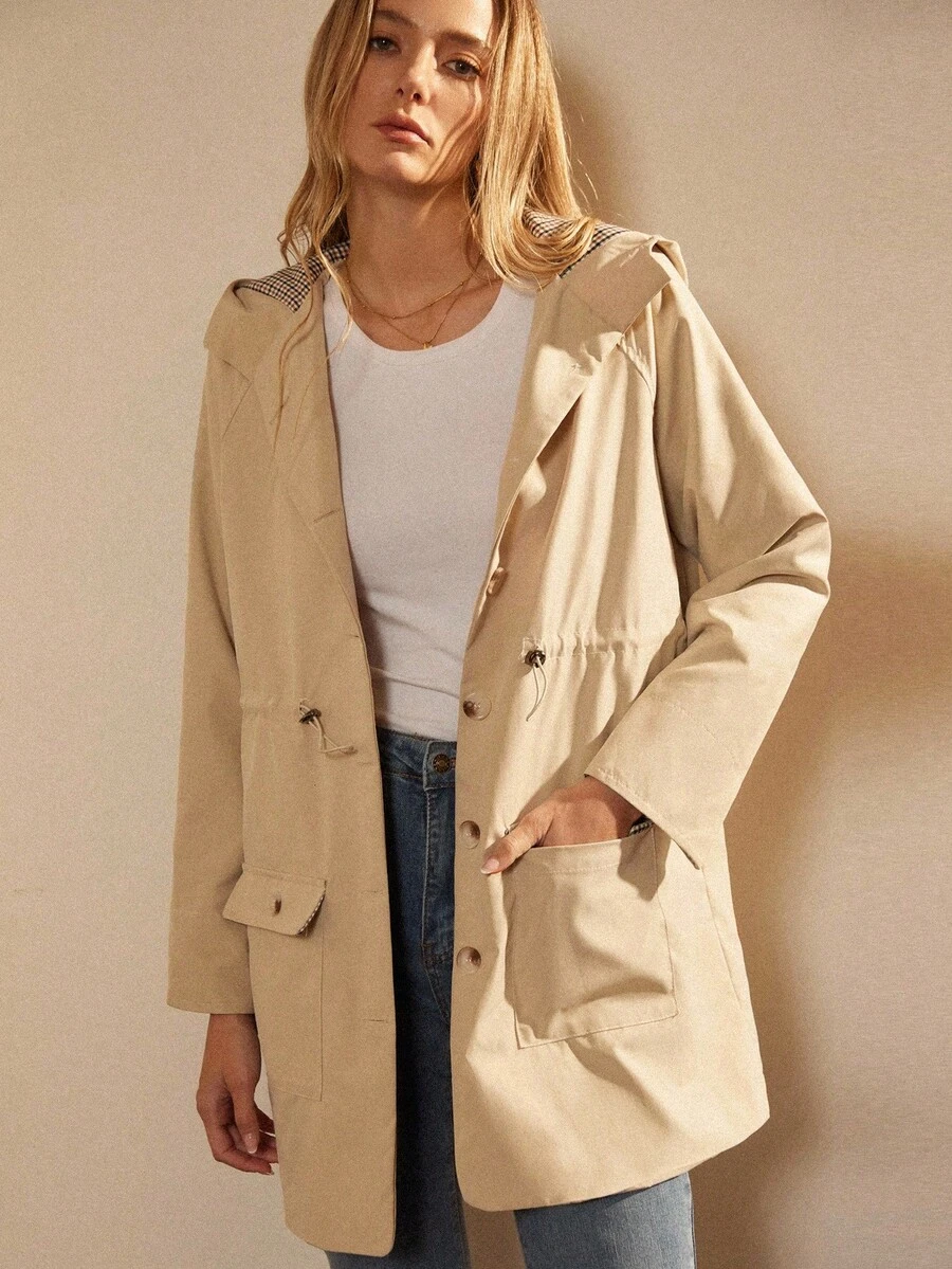 Écloséra Women's Drawstring Waist Slimming Hooded Contrast Plaid Mid-Length Autumn And Winter Button Casual Commuter Jacket - Khaki - View 1