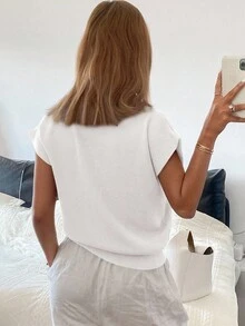 Livesso Suéter de punto de cuello polo ajustado de unicolor para mujer, informal para ir al trabajo en primavera/verano - Blanco - Ver 2