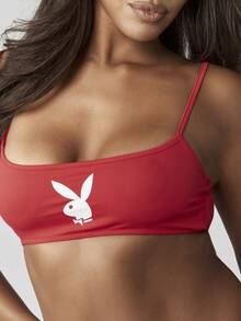Missguided x Playboy 圣诞主题圆领运动文胸露脐上衣，经典兔子图案设计，适合节日、夏季运动穿着，轻薄无袖背心 - 紅色 - 查看 6