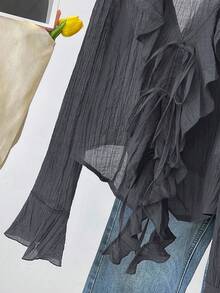 INAWLY French V-Neck Pleated Ruffle Tie Blouse