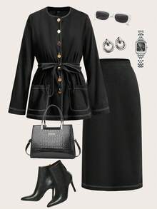Modelyn 2件套女士通勤束腰衬衫和中长裙 - 黑色 - 查看 1