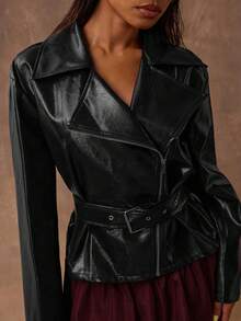 SHEIN BAE 时尚通勤黑色系带风衣 - 黑色 - 查看 6