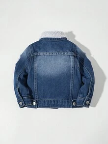 SHEIN 男婴牛仔裤，开学季秋冬新品，休闲可爱，做旧处理，修身剪裁，日常休闲时尚，中蓝色牛仔布，男婴牛仔夹克 - 中等水洗藍 - 查看 2