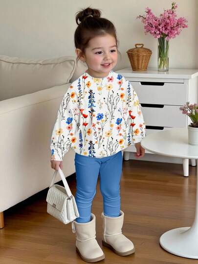 SHEIN 2 件套可爱甜美女婴休闲花卉印花针织柔软圆领长袖运动衫和紧身裤套装，适合秋冬季，舒适时尚，非常适合分层穿着、户外、摄影、居家、学校、节日、礼物