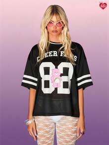 MISSGUIDED x Carebears Oversized Jersey T Shirt Cheer Bears Street Style Casual Loose Fit Y2K Fashion 80s 90s Retro Nostalgic Graphic Design Festival Summer Top - Black - View 4