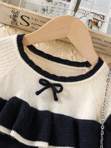 SHEIN 女童手工蝴蝶结针织连衣裙，可爱简约，秋冬新品，女童公主风长袖连衣裙，百搭可爱，适合返校日穿 - 寶藍色 - 查看 6