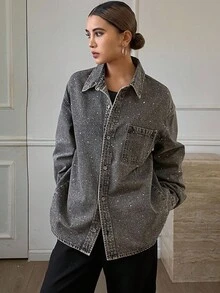 DAZY 女式休闲水钻装饰牛仔夹克，秋季 - 灰色 - 查看 4