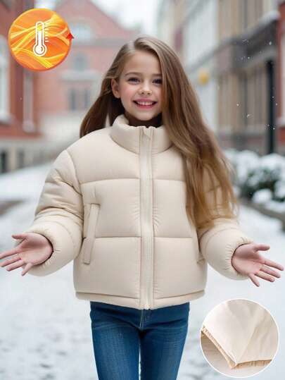 女童休闲韩版短款羽绒服，适合秋冬季节穿着。