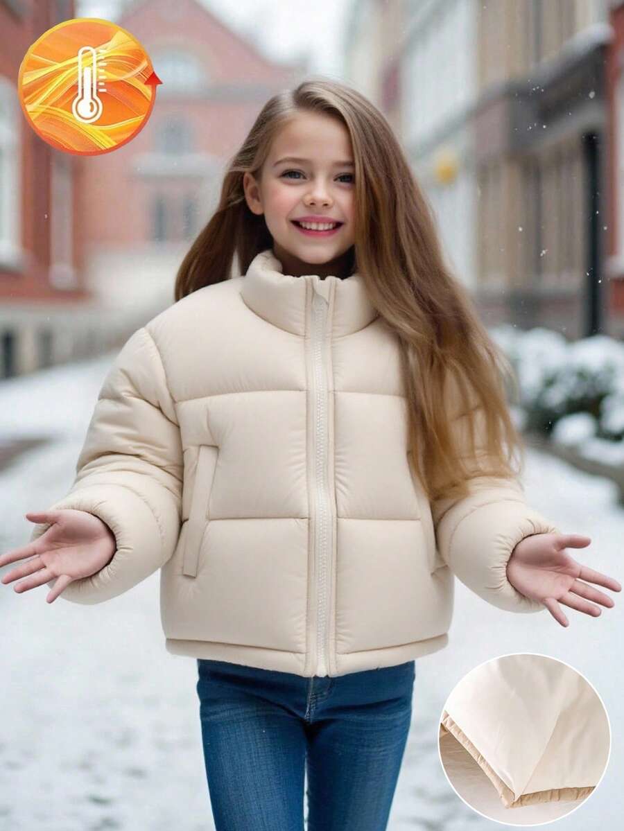 女童休闲韩版短款羽绒服，适合秋冬季节穿着。 - 杏色 - 查看 1