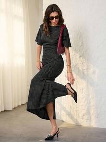 SHEIN Tall Váy kẻ sọc thời trang đi làm dành cho nữ - Đen và trắng - Xem 1