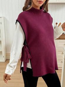 SHEIN Áo len dệt kim cổ đứng viền hoa mùa thu/đông cho bà bầu, buộc bên hông, thường ngày - Màu đỏ tím - Xem 4