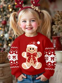 SHEIN 圣诞快乐，可爱圣诞蝴蝶结姜饼人印花女婴休闲宽松柔软针织圆领套头衫运动衫秋冬女装