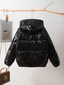SHEIN 青少年女孩休闲百搭舒适冬季面料拼布设计美式字母印花舒适简约纹理针织学院风连帽棒球夹克棉质外套，适合冬季、户外、通勤、搭配和学校 - 黑色 - 查看 2