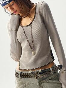 Bohemela 女式休闲纯色撞色V领长袖针织T恤，秋冬 - 紫紅色 - 查看 5