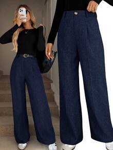 Easowa Damskie spodnie casualowe w jednolitym kolorze, plisowane, z kieszeniami, jesień/zima