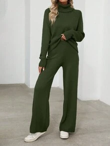 EMERY ROSE Women's Casual Solid Color Turtleneck Sweater And Knit Pants 2 Pieces Set, Autumn/Winter