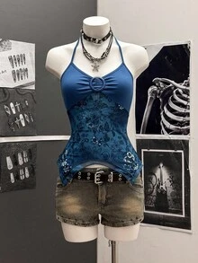 StreetHx Y2K 女式不对称下摆细肩带吊带背心，春夏 - 藍色 - 查看 3