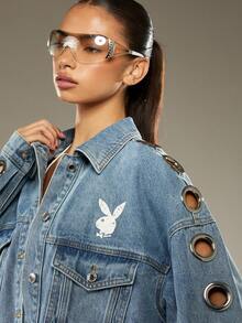 Missguided x Playboy 牛仔夹克中号洗水金属孔眼超大卡车司机牛仔夹克冬季时尚兔子标志休闲街头装秋季春季 - 藍色 - 查看 5
