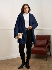 SHEIN Clasi 大码女式纹理长袖拉链连帽休闲夹克，秋冬 - 寶藍色 - 查看 6