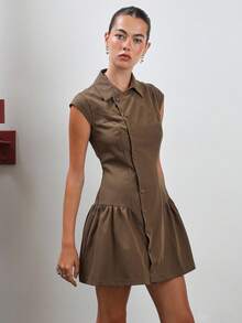 COUREZ 前开扣迷你衬衫裙/外出服 女士秋装 女士冬装 优雅派对礼服 别致连衣裙 - 軍綠色 - 查看 2