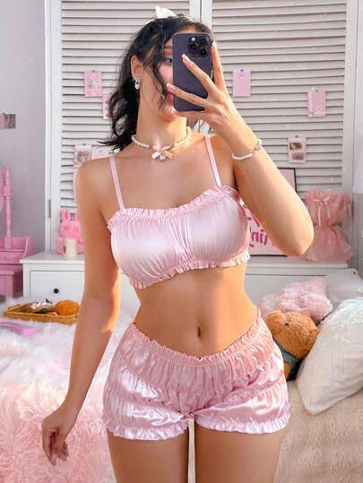 PetitDoll Adjustable Strap BH Slipje Set Women Kanten Two Piece Night Satijnen Lingerie Skirt Ruffle Sleep
