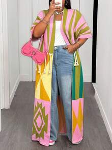 Slaydiva 2025新款加大码时尚粉色几何图案拼接流苏女式长款开衫，适合圣诞节/新年休闲穿着/舒适的秋冬季节穿着/感恩节穿着/通勤机场穿着/70年代街头风 - 彩色 - 查看 8